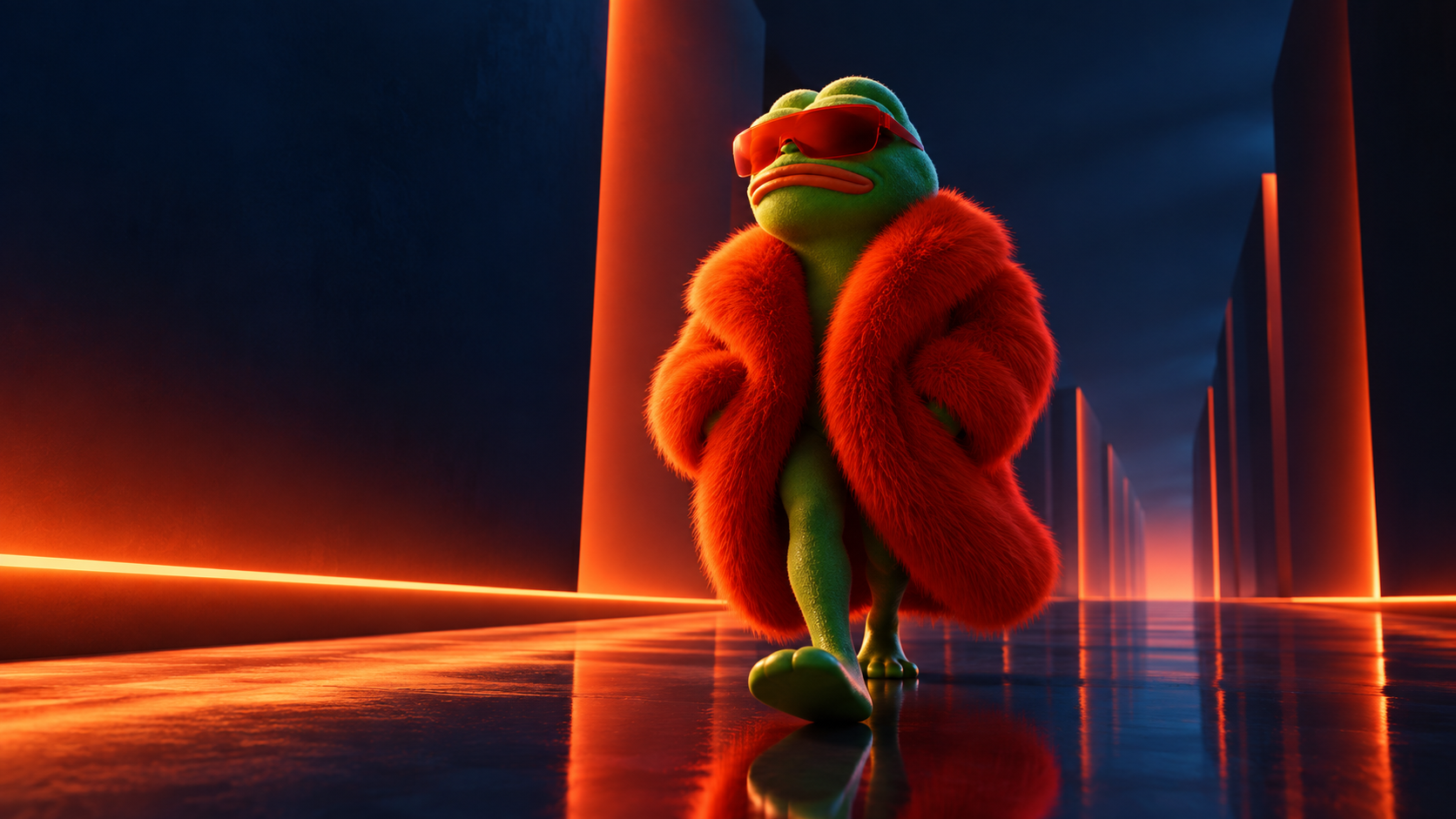 FURFROG walking through a neon corridor